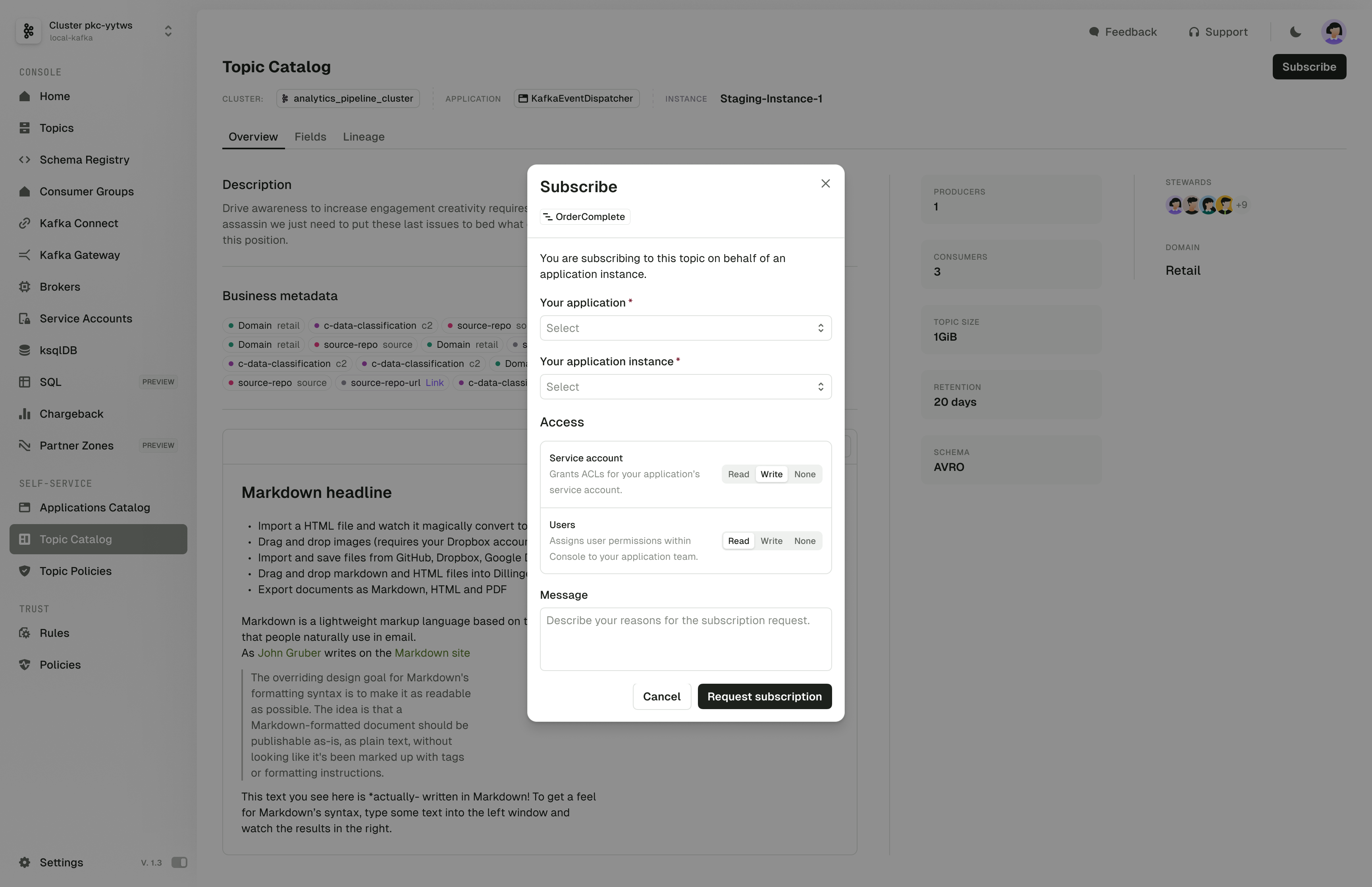 Topic catalog subscribe modal